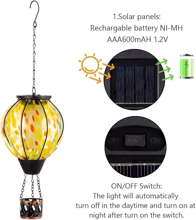 Hot Air Balloon Solar Lanterns with Flickering Flame Light,Glass Hanging Solar Lanterns Outdoor Waterproof Hot Air Balloon Light for Patio Yard Garden Decor Mother Day Gifts for Women(Yellow) by GreenHaven Gardens