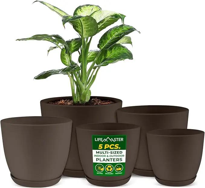 Planter Pots with Drainage Holes - Lightweight, Durable & Space-Saving Pots for Indoor and Outdoor - Versatile Functionality, Simple Modern Design, Set of 5 Plastic Planter Pots - Brown by GreenHaven Gardens