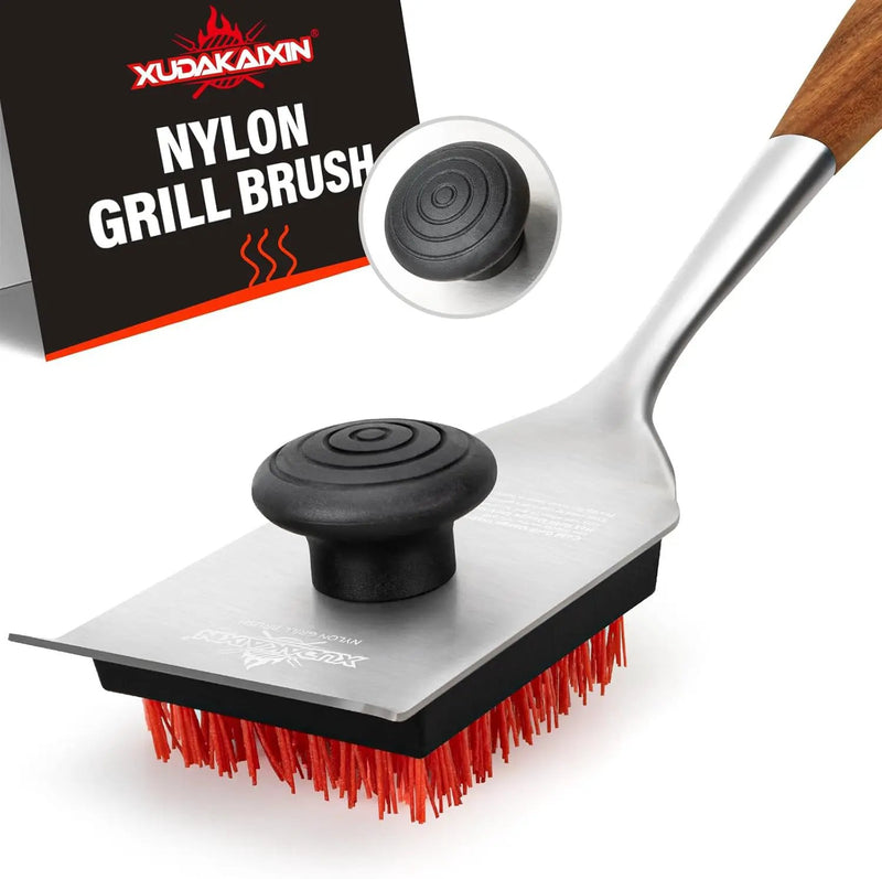 Grill Brush and Scraper, Dual Grip Design,Extra Strong BBQ Cleaner Accessories,Safe Nylon Bristles Barbecue Triple Scrubbers Cleaning Brush for Cast Iron Grates/Porcelain/Charcoal Grill by GreenHaven Gardens