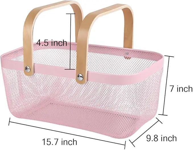 Portable Mesh Harvest Basket - Natural Bamboo Handle Foldable Organizer for Kitchen, Garden & Picnic | Ventilated Storage Bin with Rust-Proof Wire, Space-Saving Farmhouse Decor (Pink) by GreenHaven Gardens