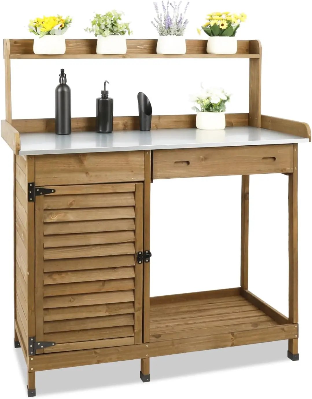 Garden Potting Benche Table Outdoor Wooden Work Station W/Metal Table top,Cabinet,Drawer,Large Bottom Shelf,Open Shelf Natural Wood-Brown-Brown by GreenHaven Gardens