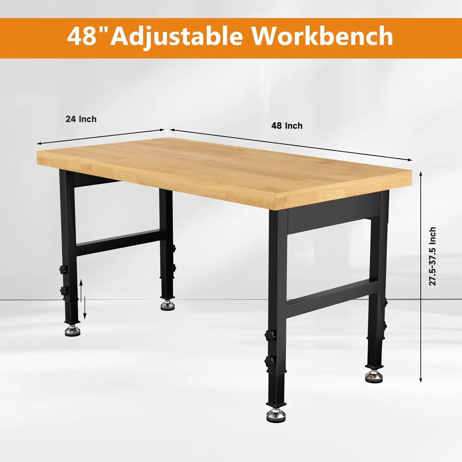 Solid Wood 48" Work Bench, Adjustable Height Workbench, Heavy-Duty Work Table, 2000 LBS Load Capacity Workstation for Garage, Workshop, Office, Home(48" X 24") by GreenHaven Gardens