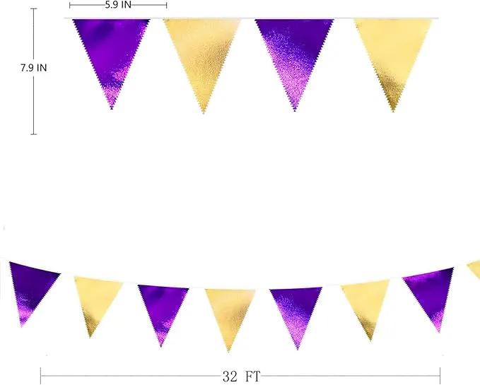 Purple and Gold Party Decorations Metallic Fabric Triangle Pennant Banner Flag Bunting Garland for Graduations Birthday Retirement Wedding Baby Shower Bachelorette Halloween Outdoor Party Supplies by GreenHaven Gardens