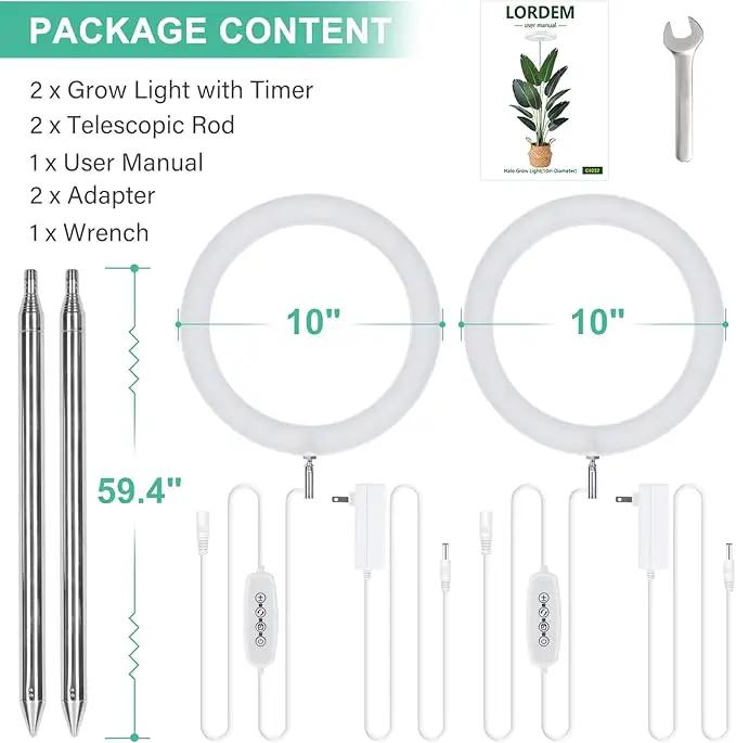LORDEM 10" Grow Light for Indoor Plants, Full Spectrum Plant Lamp with160 LEDs, 4H/8H/12H Timer, 10 Dimmable Levels, 3 Spectrum Modes, Height Adjustable 61", Ideal for Large Tall Plants, Pack of 2 by GreenHaven Gardens