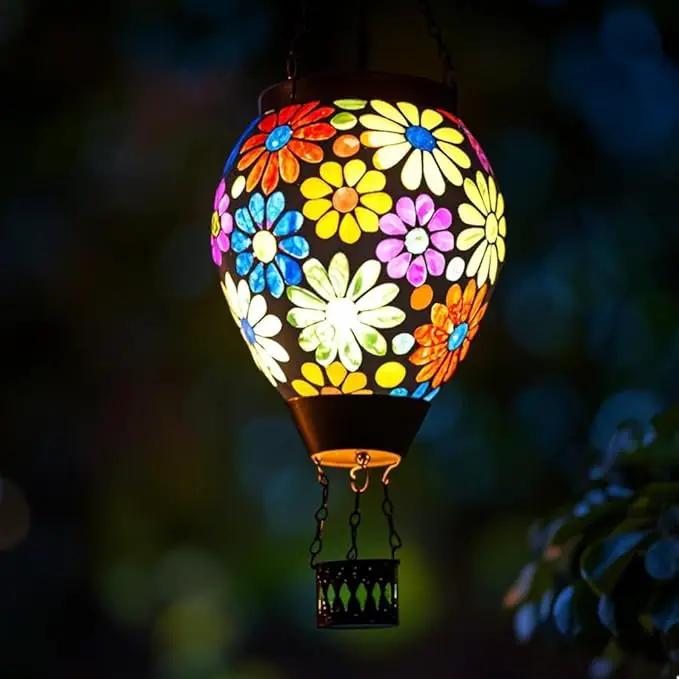 Starsoul Mosaic Flowers Hot Air Balloon Solar Lantern Glass Outdoor Hanging Hot Air Balloon Solar Flickering Flame Light Waterproof Garden Patio Yard Party Decorations by GreenHaven Gardens
