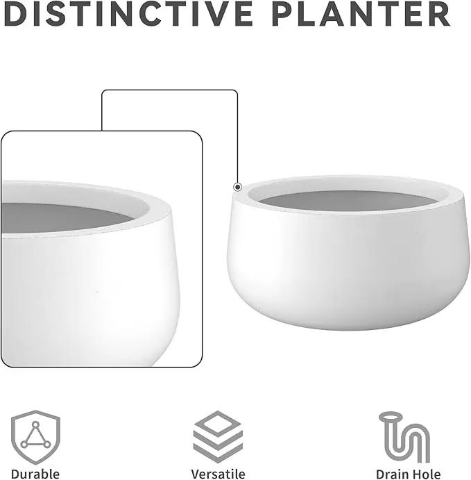 Kante 19.6",15.7",11.8" Dia Round Concrete Planters Set of 3, Outdoor Indoor Garden Plant Pots with Drainage Hole and Rubber Plug, Modern Curvaceous Design, Pure White by GreenHaven Gardens