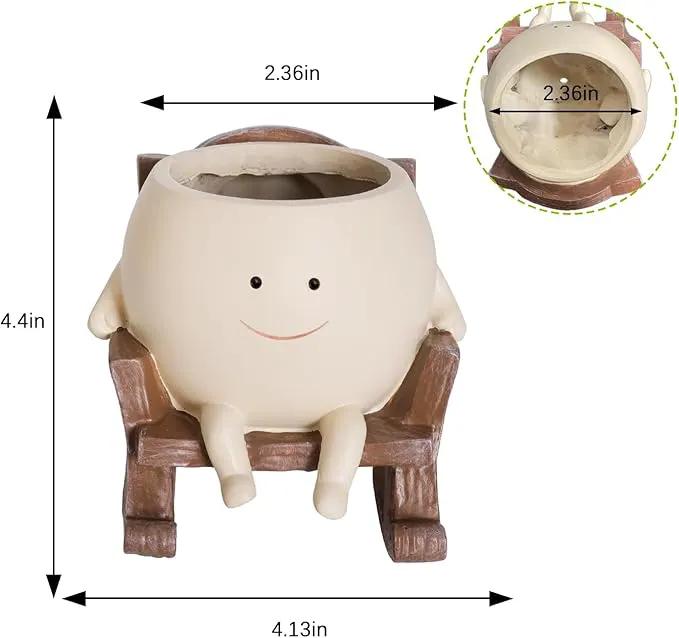 Smily Face Planter Pot Cute Resin Flower Head Planters for Indoor Outdoor Unique Sit Rocking Chair Succulent Pots Gift IdeaI for Mother and Appreciation Christmas with Drainage Hole by GreenHaven Gardens