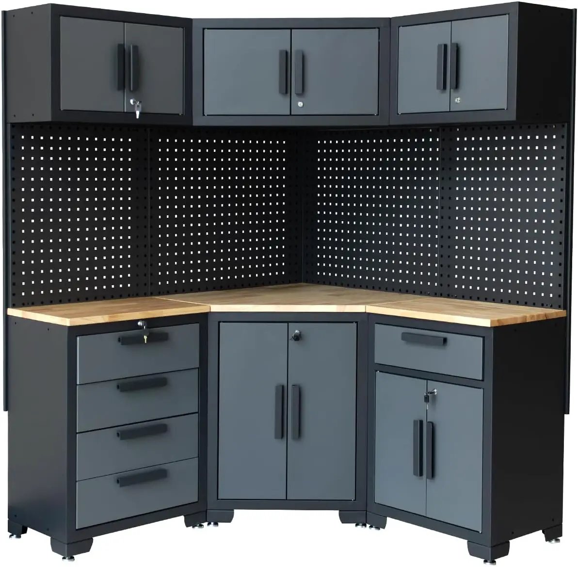 Garage Storage Cabinet System - 8-Piece Set with Corner Cabinet, Drawers, Workbench, Pegboard for Tool Organization - Black and Grey by GreenHaven Gardens