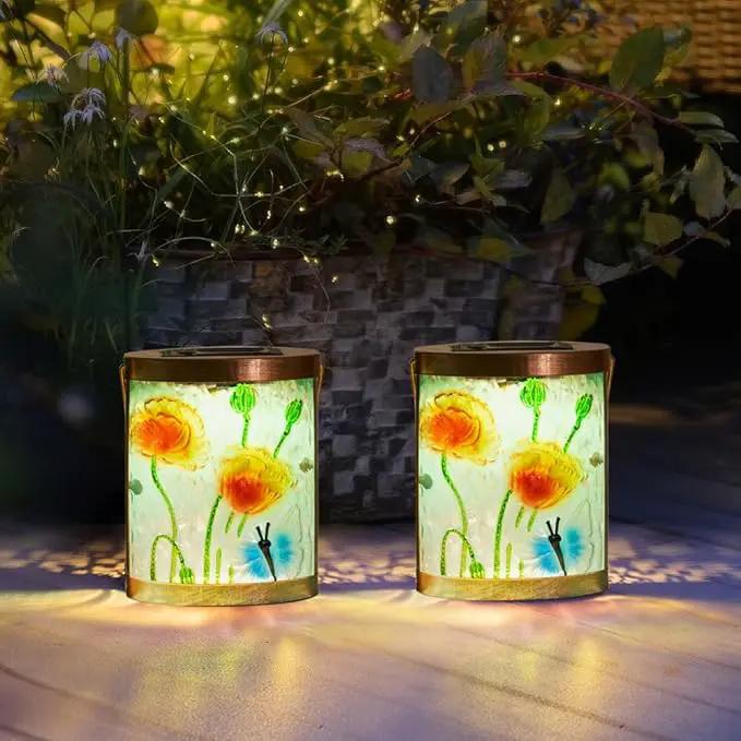 Starsoul 2 Pack Hanging Solar Lantern Outdoor Waterproof Glass Butterfly and Flowers Decorative Solar Lights for Outside Garden Yard Table Patio Decor by GreenHaven Gardens