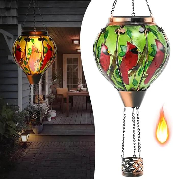Hot Air Balloon Solar Lantern - Cardinal Bird Glass Lantern with Simulated Flickering Flame, Outdoor Hanging Yard Light Waterproof IP65 & Weather Resistant for Garden Patio Lawn Porch Decor Gfit by GreenHaven Gardens