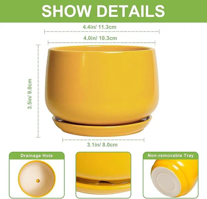 G EPGardening 4 Inch Ceramic Planter - Succulent Pots for Plants Indoor Outdoor, Small Plant Pots with Drainage Hole & Saucer, Round Planter, Modern Flower Pot, Home Decor, Plant Lover Gift, Yellow by GreenHaven Gardens