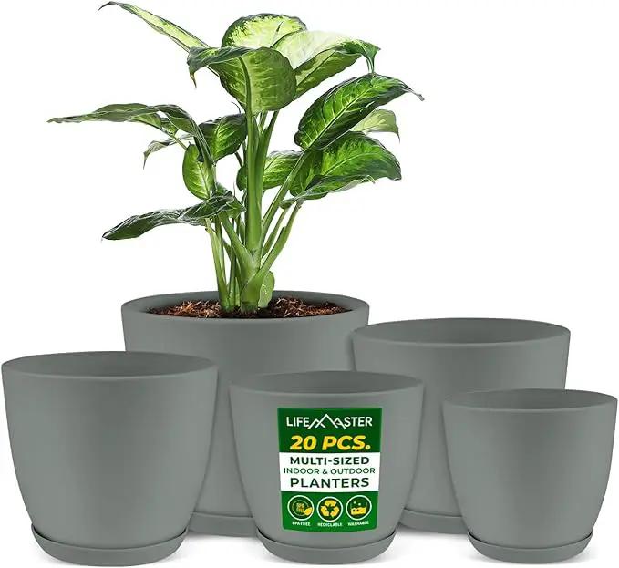 Planter Pots with Drainage Holes - Lightweight, Durable & Space-Saving Pots for Indoor and Outdoor - Versatile Functionality, Simple Modern Design, Set of 20 Plastic Planter Pots - Gray by GreenHaven Gardens