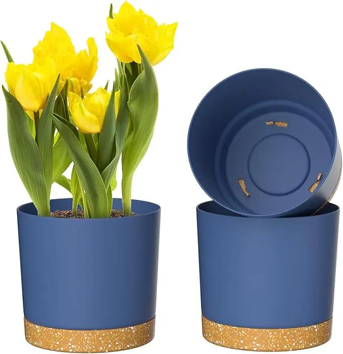 ZMTECH Plant Pots, Set of 3 8'' Self Watering Plastic Planter with Drainage Hole and Saucer, Modern Decorative Flower Pot for Indoor Outdoor House Plants, Succulents, Flowers - Blue by GreenHaven Gardens