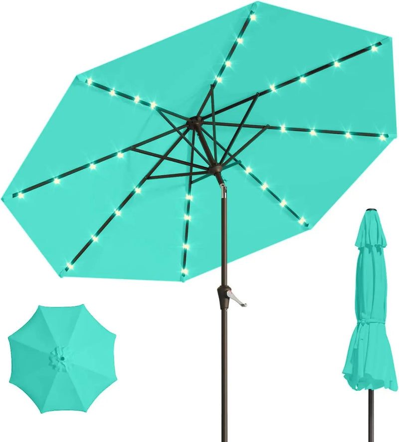 10FT Solar Umbrella 32 LED Lighted Patio Umbrella Table Market Umbrella w/Tilt and Crank, UV-Resistant Outdoor Umbrella for Pool, Garden, Deck, Turquoise Blue by GreenHaven Gardens