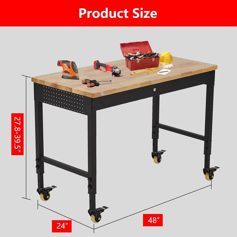 48'' Adjustable Workbench, Heavy Duty Workbench with Power Outlet and Lockable Wheels, 2000 LBS Capacity, Work Table Suitable for Office, Garage, Workshop by GreenHaven Gardens