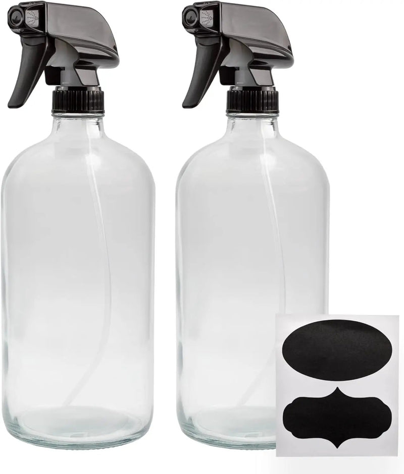 Cornucopia 32oz Glass Spray Bottles (2-Pack, Clear); Quart Bottles w/ 3-Setting Adjustable Trigger Sprayers; Includes Chalk Labels by GreenHaven Gardens
