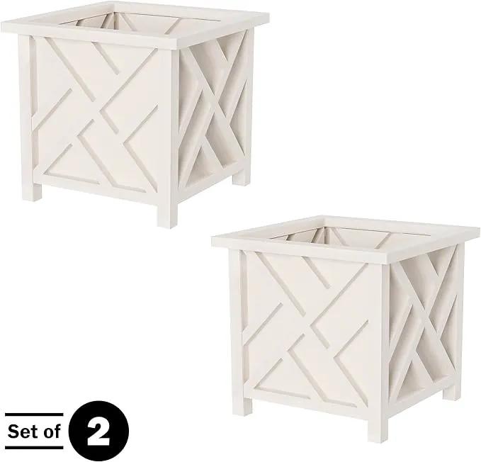 Lattice Design Planter Box 2-Pack – 14.75-Inch Decorative Outdoor Flower or Plant Pots – Front Porch, Patio, and Garden Decor by Pure Garden (White) by GreenHaven Gardens