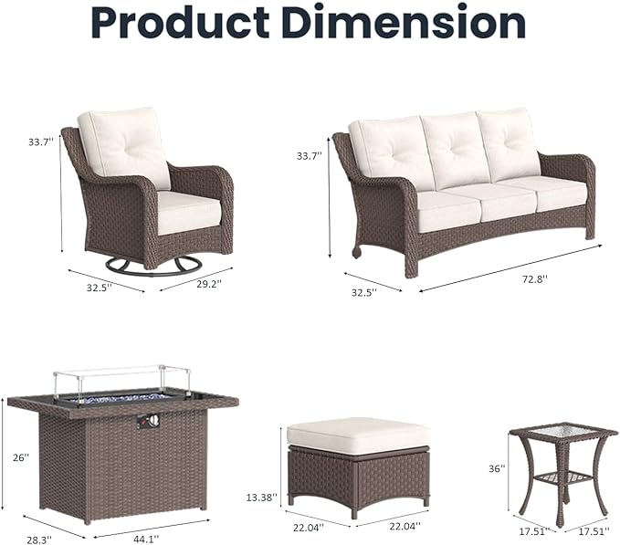 7 Pieces Outdoor Patio Furniture Sets with Rocking Swivel Chairs with 6-inch Thick Cushion and Fire Pit Table for Deck Lawn by GreenHaven Gardens
