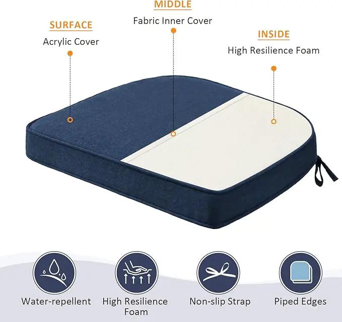 Sunbrella Round Corner Seat Cushions, 17" x 16" x 2", Set of 4, Indoor Outdoor Water Repellent Universal Chair Pads with Ties for Patio Furniture, Garden Dining Chairs, Specrtum Indigo by GreenHaven Gardens