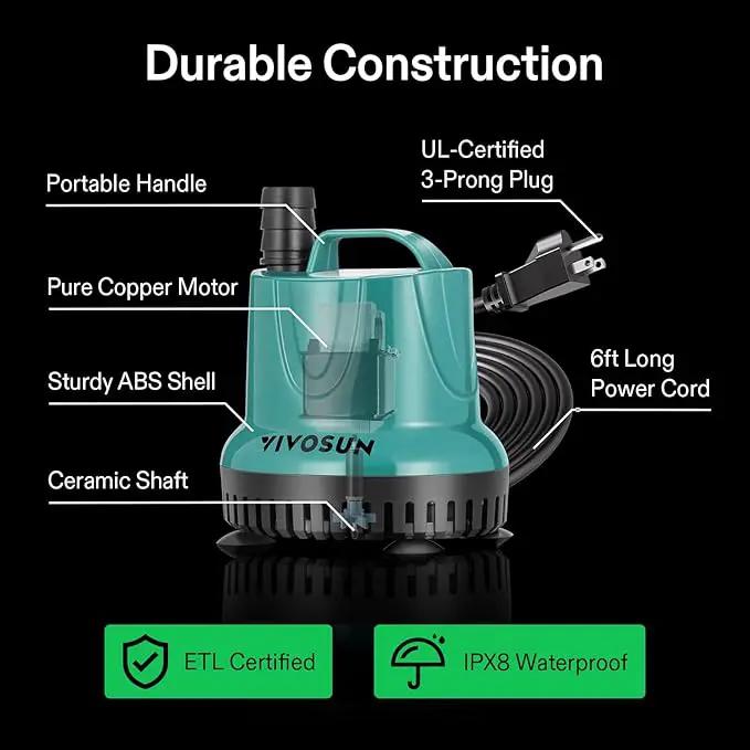 VIVOSUN 260GPH 20W Submersible Water Pump for Fish Tank, Pond, Aquarium, Hydroponic Systems with 6ft Power Cord and 3 Outlet Adapters, Blue by GreenHaven Gardens