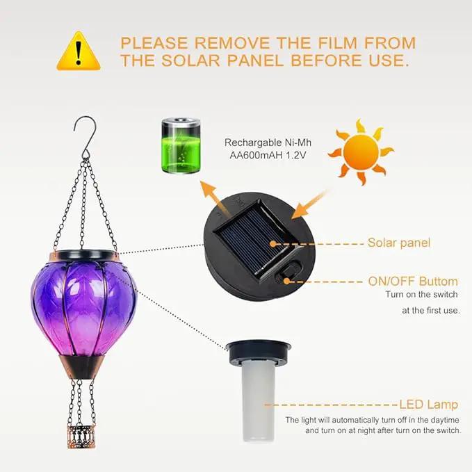 Starsoul Purple Hot Air Balloon Solar Lantern with Flickering Flame Light Glass Solar Powered Hot Air Balloon Lamp Waterproof Hanging Hot Air Balloon Led Lights by GreenHaven Gardens