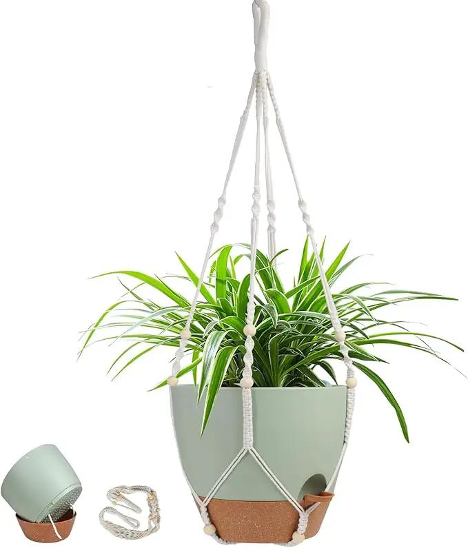 41.5 Inch Macrame Plant Hanger Indoor Outdoor with 12 Inch Flower Pot, Hanging Planter for Plants Holder with Wood Beads for Boho Home Decor (Ivory+Green) by GreenHaven Gardens