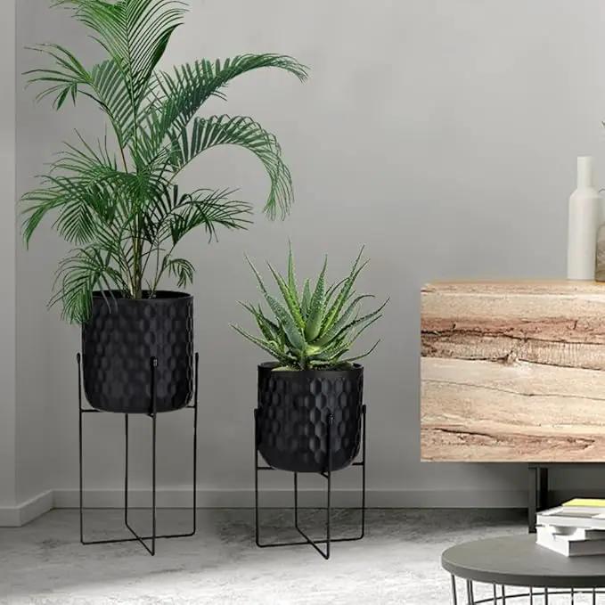 TRIROCKS Set of 2 Planters with Stand Indoor Outdoor Metal Plant Stand 8 * 18 &7 * 12 "Modern Planters Flower Pots for Living Room Corner Kitchen Office Garden Balcony Patio Decor(Black) by GreenHaven Gardens