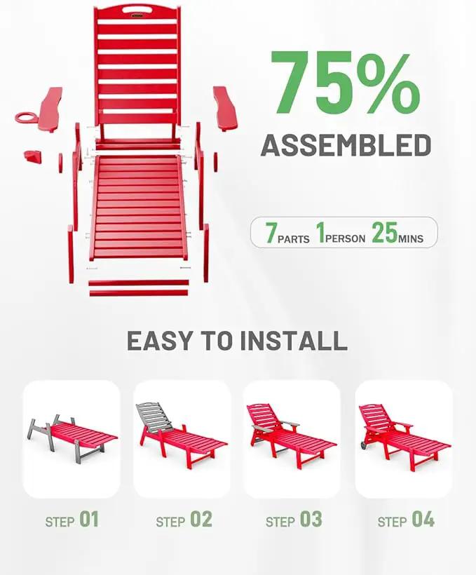Chaise Lounge Chair Outdoor with Wheels, 6-Position Adjustable HDPE Chaise Lounge Chair with Cup Holder, Outdoor Chair for Pool Poolside Deck Backyard Patio, Red by GreenHaven Gardens
