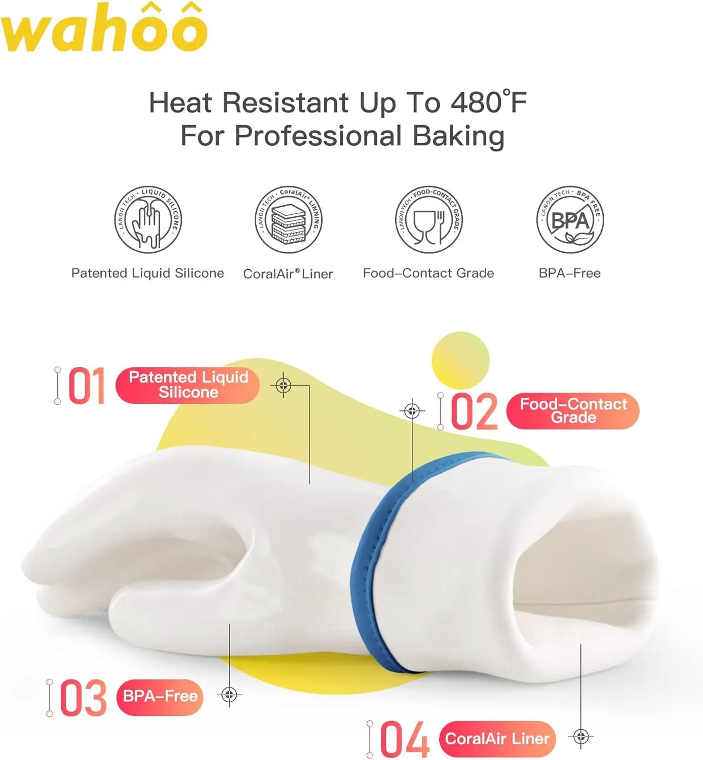 wahoo Professional Liquid Silicone Oven Mitts Gloves, Heat Resistant Gloves for Cooking, Baking, CoralAir Liner, 12 Inch, White, X-Large by GreenHaven Gardens