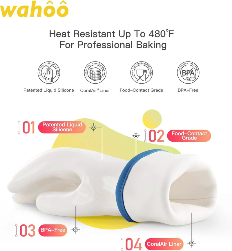 wahoo Professional Liquid Silicone Oven Mitts Gloves, Heat Resistant Gloves for Cooking, Baking, CoralAir Liner, 12 Inch, White, X-Large by GreenHaven Gardens