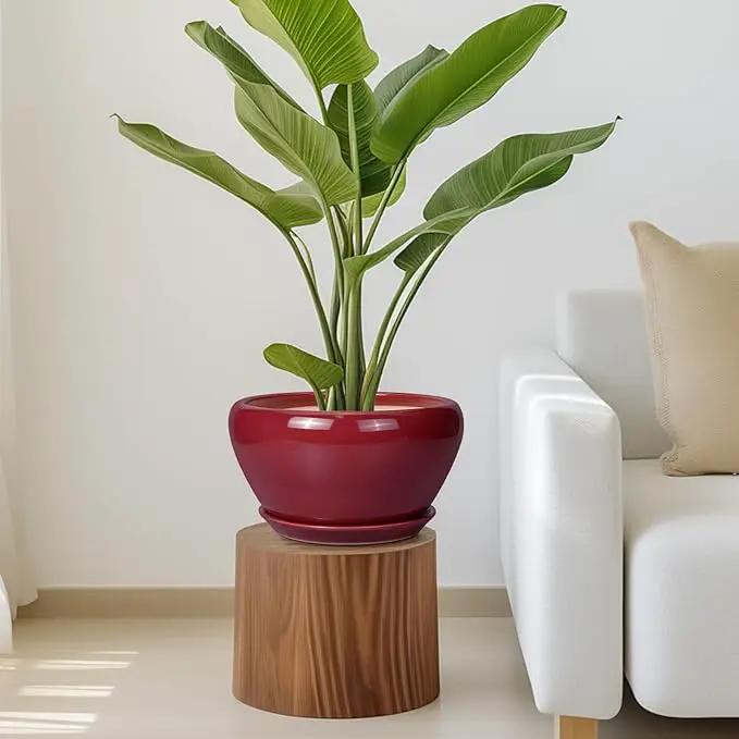 Ceramic Planter - 11 Inch Planter for Outdoor Plants Large Plant Pot Indoor with Drainage Hole and Saucer Round Modern Flower Pot Mid-Century Room Decor Red by GreenHaven Gardens