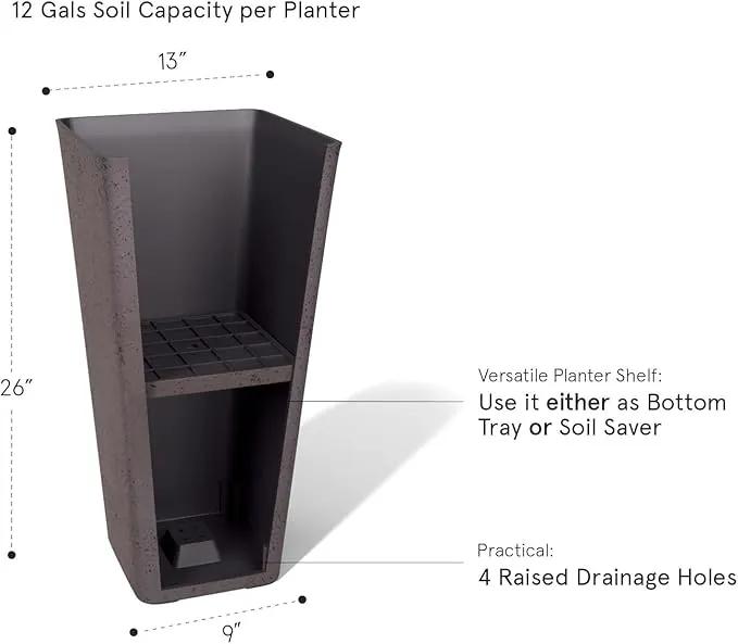 LA JOLIE MUSE 26 inch Tall Planters for Outdoor Plants,Set of 2 Tapered Planters with Trays,Iron Plastic Rectangular Tall Planters for Front Door, Patio and Deck, 26'' Iron With Tray by GreenHaven Gardens