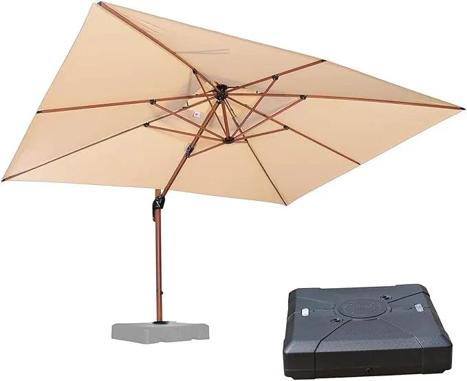 PURPLE LEAF 10' X 13' Double Top Deluxe Wood Pattern Rectangle Patio Umbrella with Base Offset Hanging Umbrella Outdoor Market Umbrella Garden Umbrella, Beige by GreenHaven Gardens