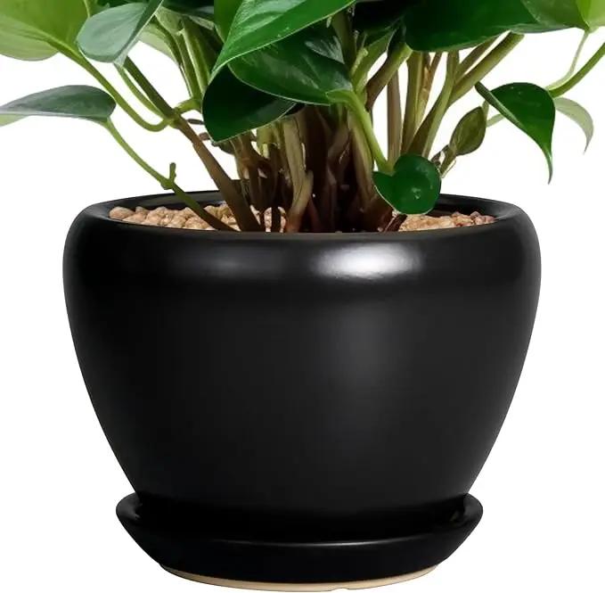Ceramic Planter Pot - 6 Inch Plant Pot with Drainage Hole and Saucer Round Planter for Indoor Plants Outdoor Succulent Pot Modern Flower Pot for Home Decor Black by GreenHaven Gardens