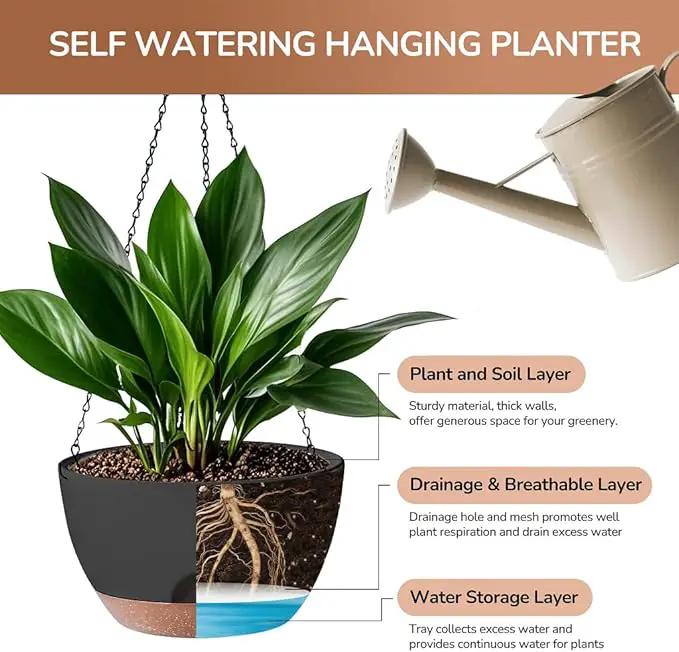 12 Inch Hanging Baskets for Plants Outdoor, Hanging Planters for Indoor Outdoor Plants, Hanging Planter with Self Watering, Hanging Flower Pots (Black) by GreenHaven Gardens