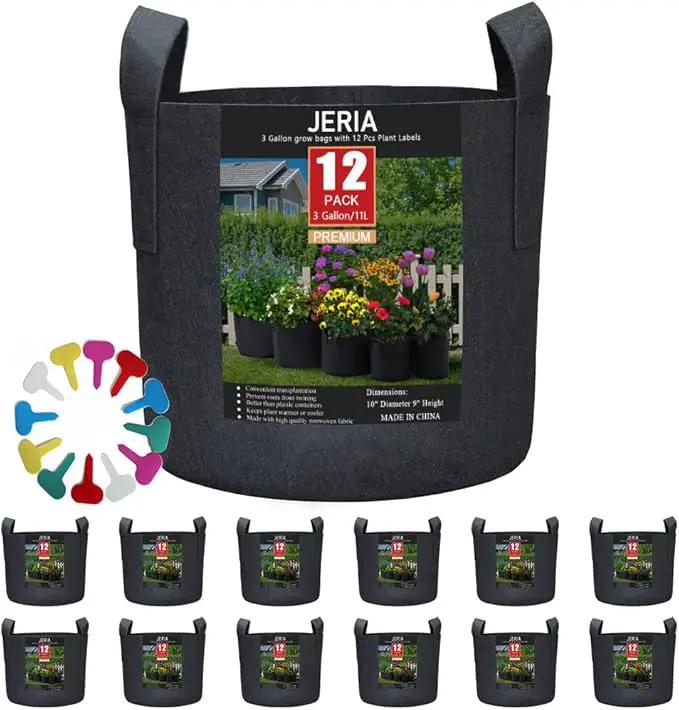 JERIA 12-Pack 3 Gallon, Vegetable/Flower/Plant Grow Bags, Aeration Fabric Pots with Handles (Black), Come with 12 Pcs Plant Labels by GreenHaven Gardens