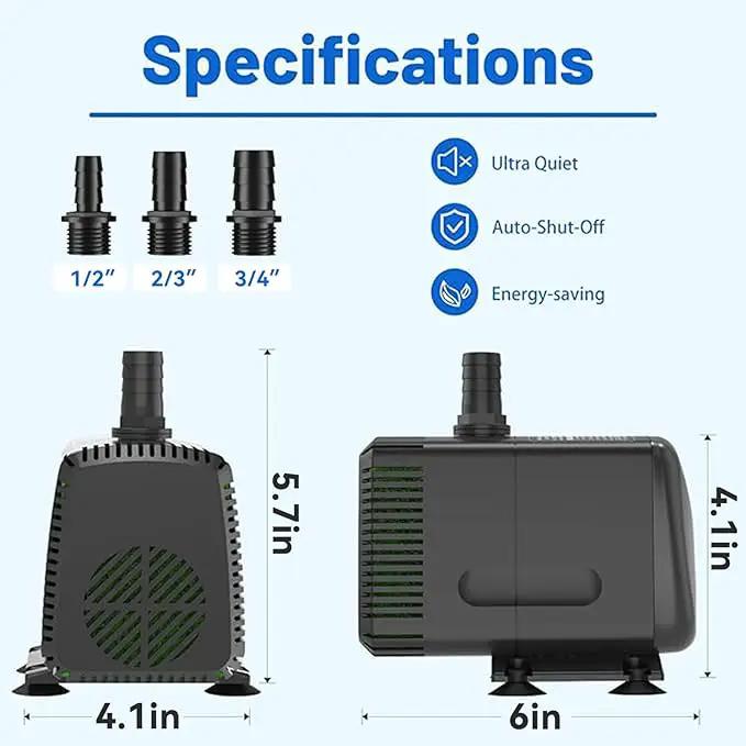 Submersible Pump 880GPH with AUTO-Shut-Off 10ft High Lift for Fountains, Hydroponics, Ponds, Aquariums & More by GreenHaven Gardens