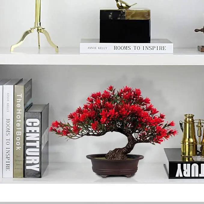 Fake Plants Plastic Artificial Bonsai Tree, Red Bonsai Tree for Home Bedroom Office Desk Farmhouse Room Decor, Tall 9.5" by GreenHaven Gardens