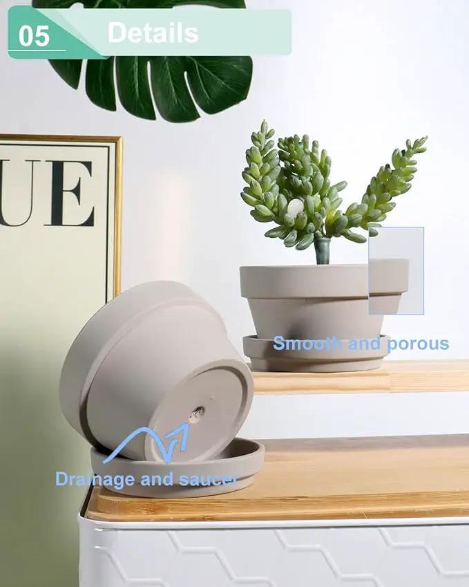 vensovo 3.7 Inch Grey Terracotta Shallow Succulent Pots - 6 Pack Terra Cotta Clay Pot with Saucer, Cacuts Indoor and Outdoor Planters with Drainage Hole by GreenHaven Gardens
