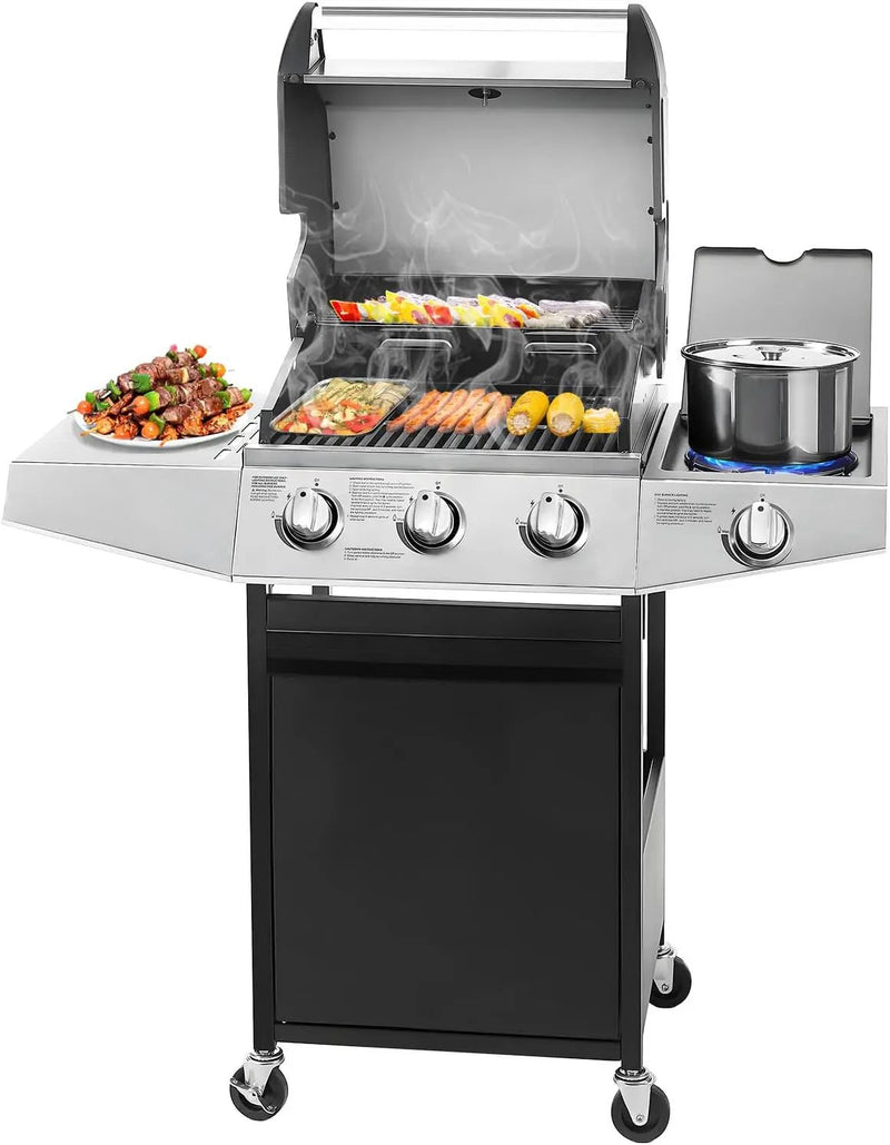 Unovivy 3-Burner Propane Gas BBQ Grill with Side Burner & Porcelain-Enameled Cast Iron Grates Built-in Thermometer, 39,000 BTU Outdoor Cooking, Patio, Garden Barbecue Grill, Black and Silver by GreenHaven Gardens
