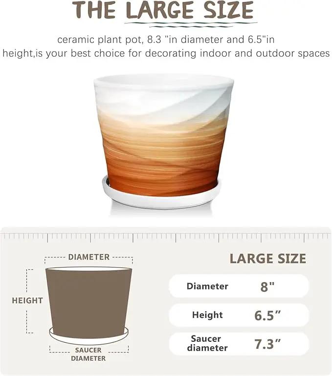 8 Inch Plant Pot, Ceramic Planter with Drainage and Saucer, Ceramic Pots for Plants, Indoor Plant pots, Flower pots，Modern Planter(Khaki + White) by GreenHaven Gardens