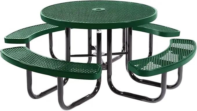 Heavy-Duty Portable Outdoor Picnic Table with Umbrella Hole, Expanded Metal Commercial-Grade Patio Dining Furniture Made in America (46" Round Top, Green) by GreenHaven Gardens