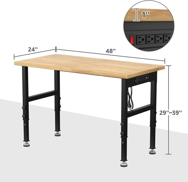 48" Adjustable Workbench,Heavy-Duty Work Table,3000 LBS Load Capacity Hardwood Workstation Outlets with Power Strips and Fixed feet,for Workshop, Garage by GreenHaven Gardens