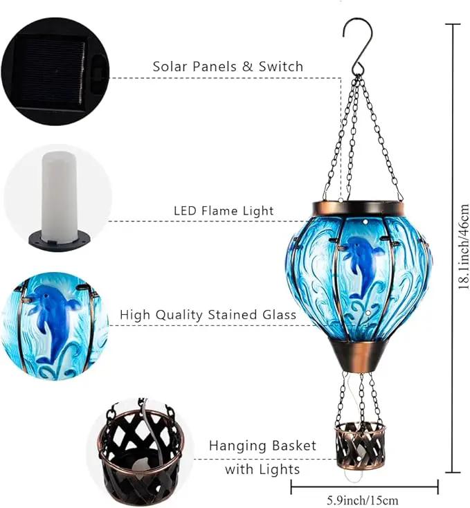 Blue Dolphin Hot Air Balloon Solar Lantern with Flame Flickering Light LED Glass Hanging Solar Lanterns Outdoor Waterproof Hot Air Balloon Decor for Patio Yard Garden Mother Day Gift for Women by GreenHaven Gardens