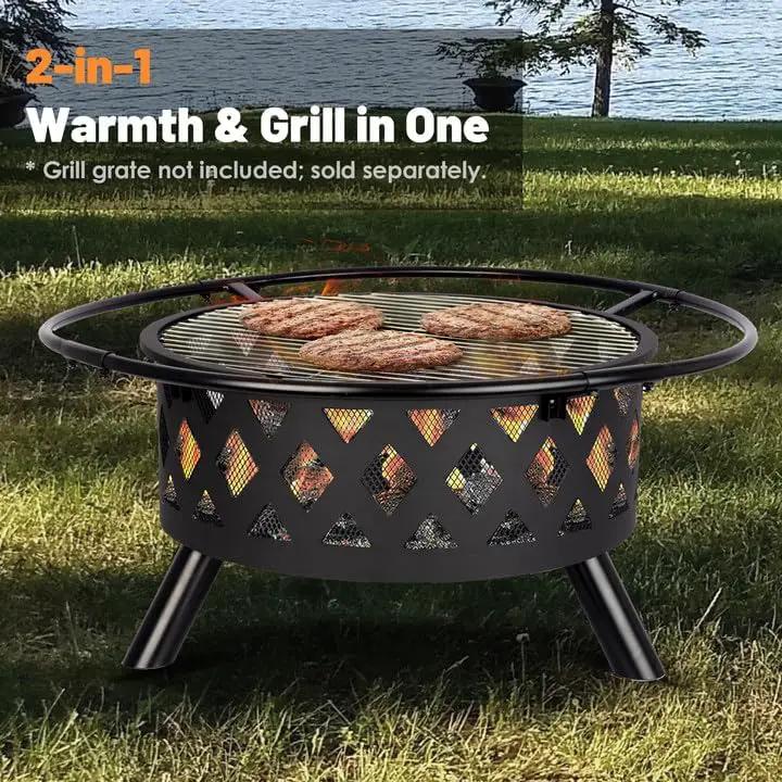 Red Mountain Valley 30'' Outdoor Wood Burning Fire Pit, 2-in-1 Large Round Fire Pit for Outside, Outdoor Fireplaces with Spark Screen, Fire Poker, Cover, Ideal for Patio, Backyard, Camping, Picnic by GreenHaven Gardens