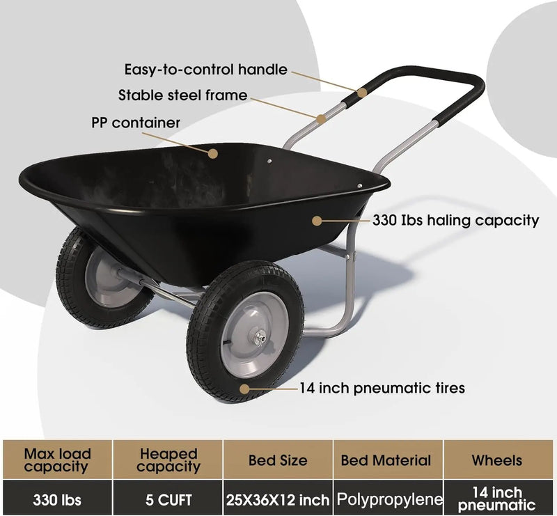 ARNOT Enlarged 2-Wheel Wheelbarrow, Easy Loading and Dumping Garden Cart, Heavy Duty Utility Dump Cart for Outdoor Lawn Yard Farm Ranch, Black by GreenHaven Gardens