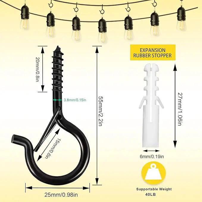 Hooks for Outdoor String Lights, 20 Pack Cup Screw Hooks for Hanging Plants Fairy Led Party Christmas Lights Garage Wind Chimes Black Q Hanger with Safety Buckle Design Easy to Release by GreenHaven Gardens