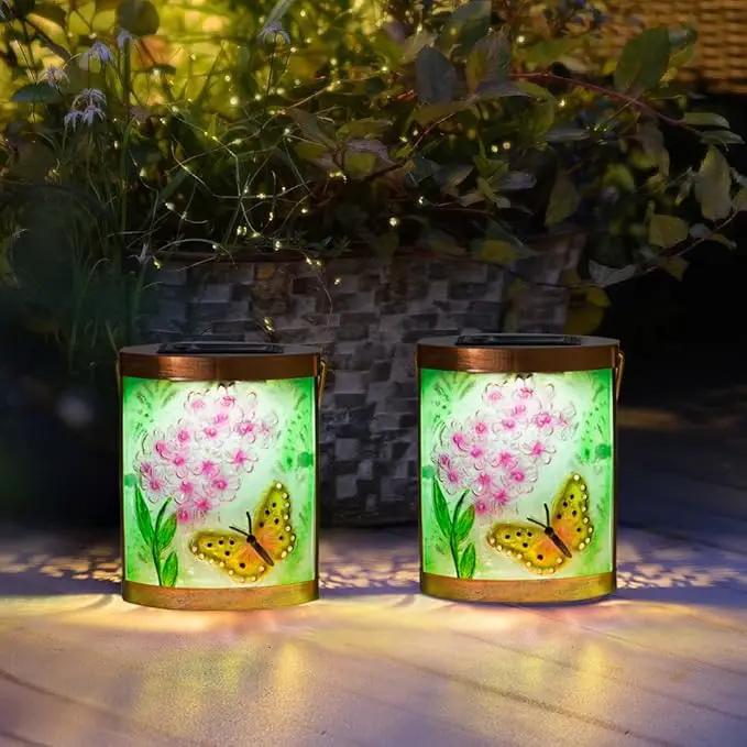 Starsoul 2 Pack Hanging Solar Lantern Outdoor Waterproof Glass Butterfly and Flowers Decorative Solar Lights for Outside Garden Yard Table Patio Decor by GreenHaven Gardens