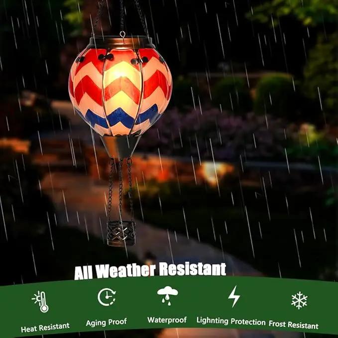 U.S Flag Hot Air Balloon Solar Lantern - Simulated Flickering Flame Stained Glass Light for Outdoor, Yard Hanging/ Waterproof IP65, Ideal 4th of July Gift for Patriot Veterans Patio Decor by GreenHaven Gardens