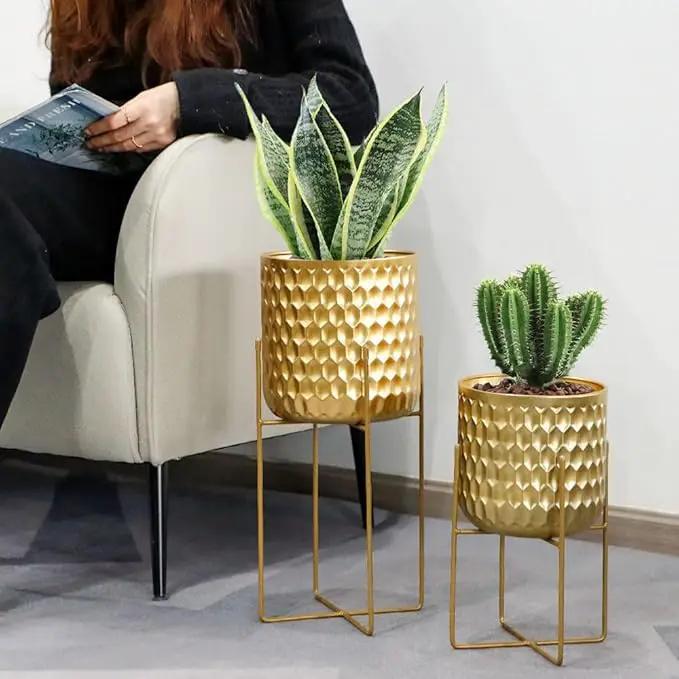 TRIROCKS Set of 2 Planters with Stand Indoor Outdoor Metal Plant Stand 8 * 18 &7 * 12 "Modern Planters Flower Pots for Living Room Corner Kitchen Office Garden Balcony Patio Decor(Gold) by GreenHaven Gardens